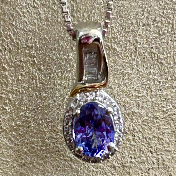 D’Joy Tanzanite & White Zircon Necklace, Rhodium & 18kt Gold Over 925 Silver - Picture 1 of 4